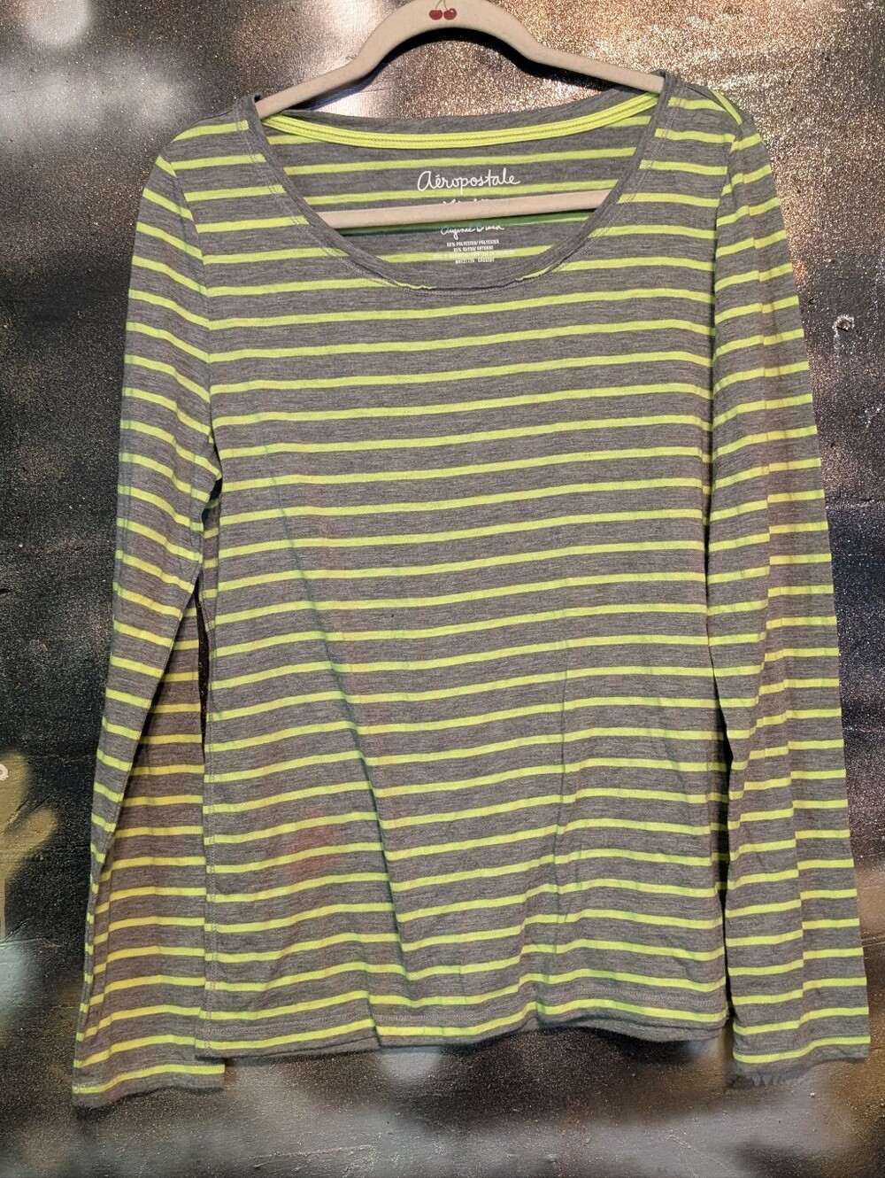 Aeropostale Gray and Neon Yellow Striped Long Sleeve Tee